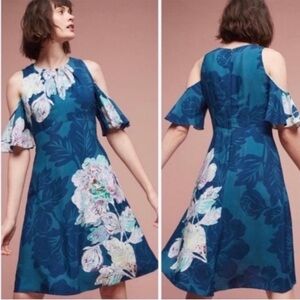Anthropologie Maeve Elia Flutter Sleeve Cold Shoulder Teal Green Floral Dress 6